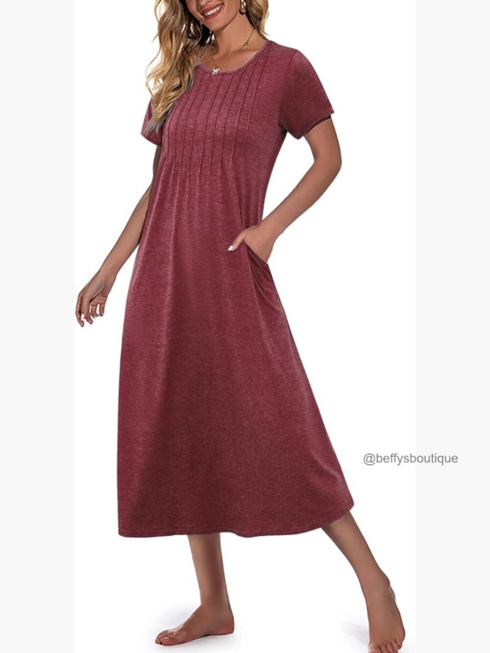 Long Cotton Nightgown Short Sleeve Sleepshirt with Pockets S-3XL